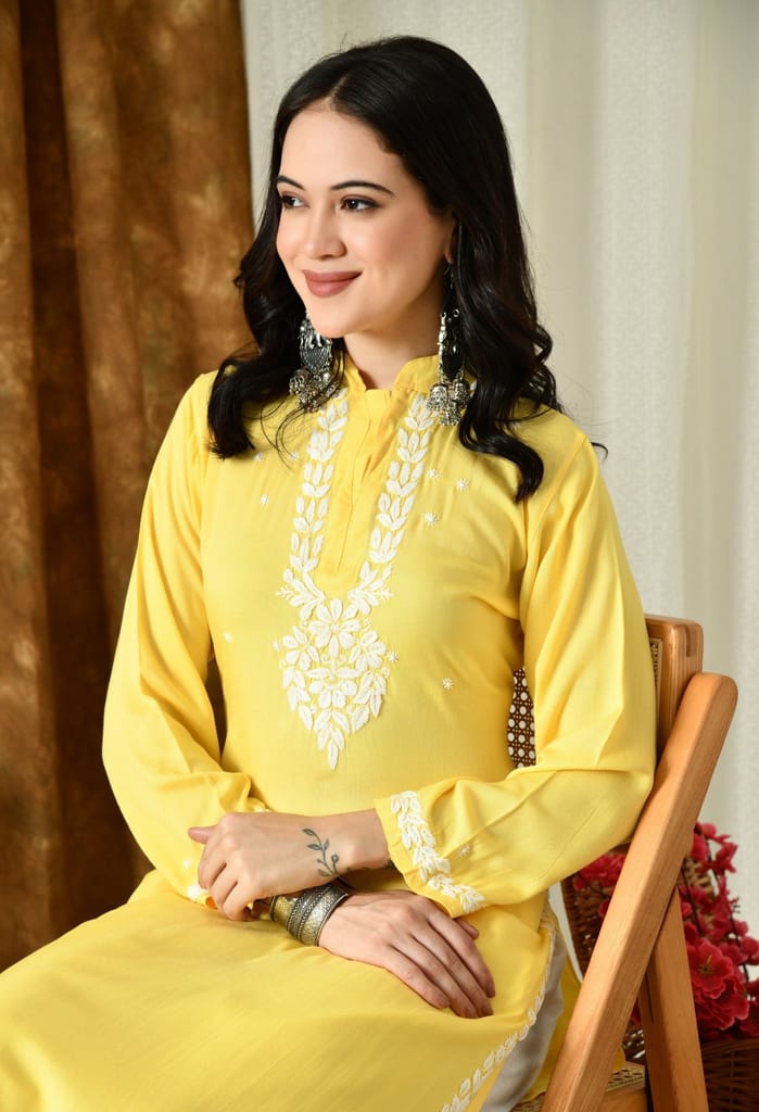 Saanjh – Sunshine Yellow Rayon Kurta with Classic Chikankari