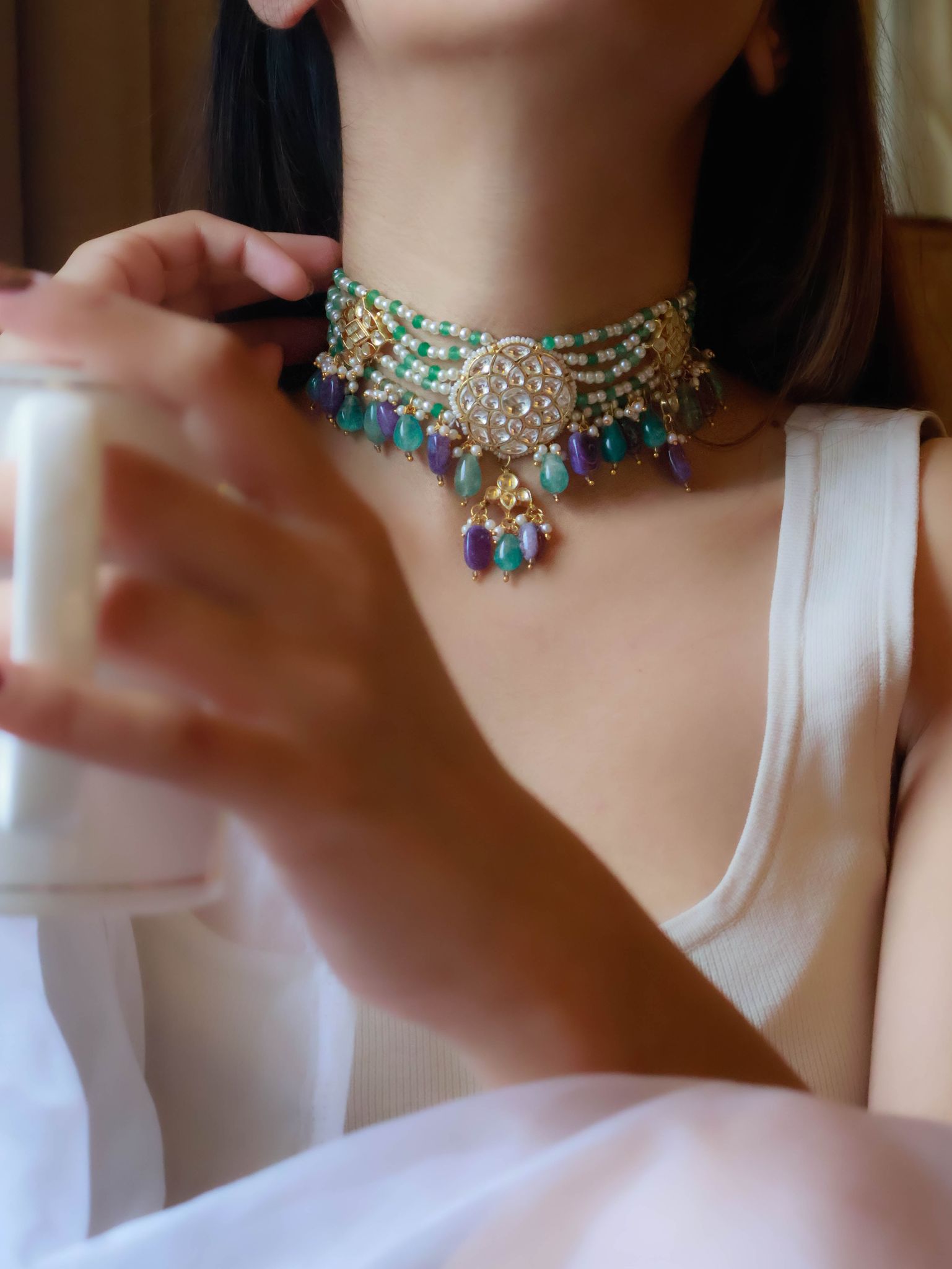 Mizaz Mint Green Kundan Choker Necklace-Purple