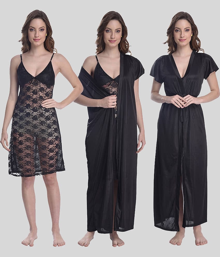 Gutthi - Black Satin Women's Nightwear Nighty & Night Gowns ( Pack of 2 )