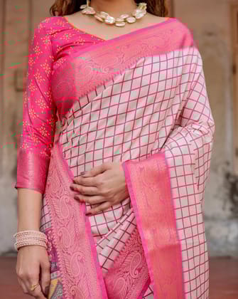 Pink and Ivory Tussar Silk Saree with Golden Zari Border and Majestic Elephant Motif Pallu-Regular