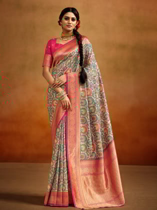 Multicolor Silk With Kalamkari Print banaras border Saree