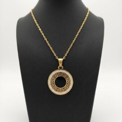 Greek Key Black Stone Medallion Necklace | Gold-Tone Anti-Tarnish Imitation Jewellery