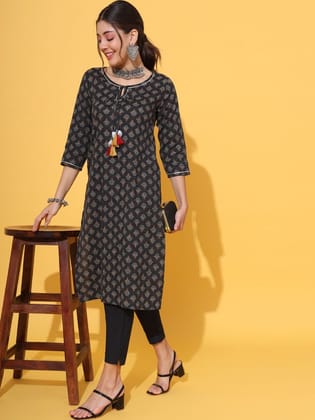Black Bagru Kantha Kurta-S / Black