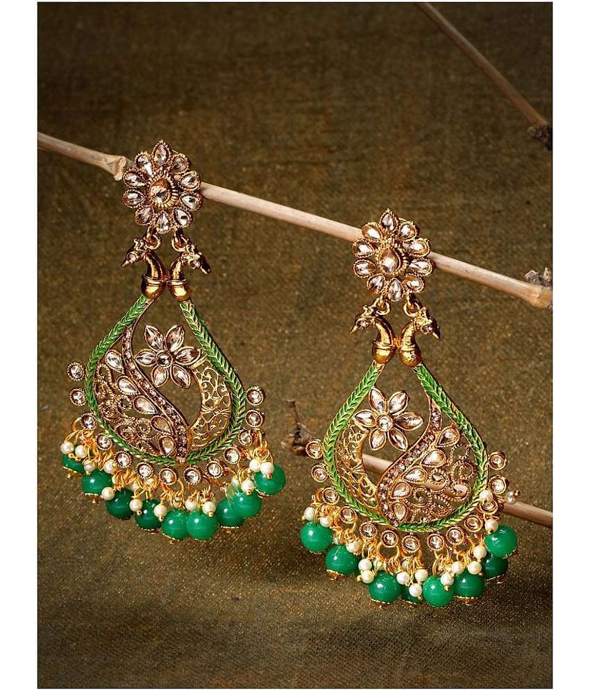 Priyaasi Designer Gold-Plated Stone-Studded Peacock Inspired Green Earrings For Women