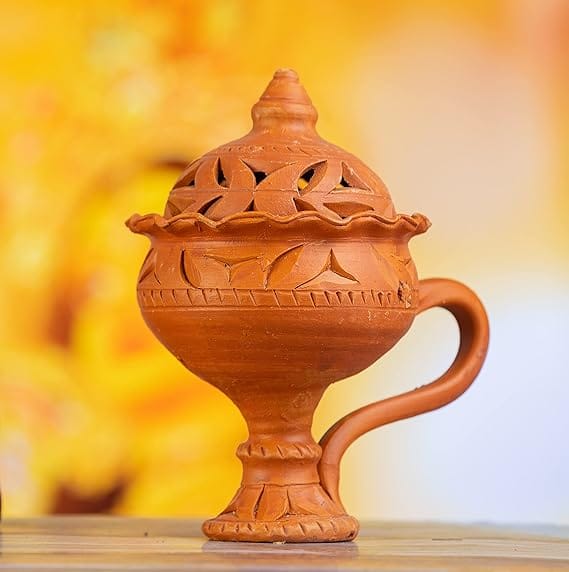 Handcrafted Terracotta Dhunachi with Lid for Home Fragrance Pooja Decor