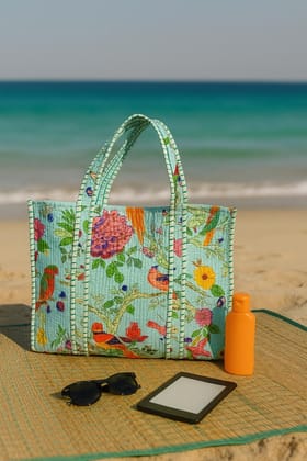Handblock Printed Quilted Tote Bag without zip/button 17x18x 6 inches