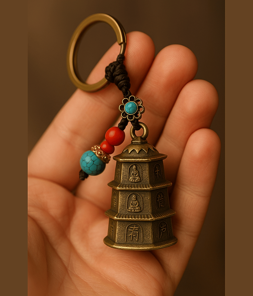 Brass Pagoda Guardian Bell with Multi-layer Buddha Design for Protection, Good Luck charm for riders and Gifting Purpose