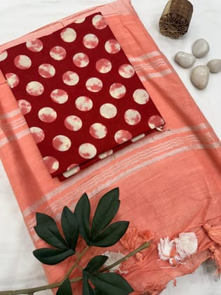 Handloom Cotton Linen Saree With Printed Cotton Blouse