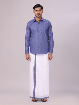 Mens Cotton Blue Color Shirt with Matching Border Flexi Dhoti Combo Casper Flexi-36 / F/S / Blue