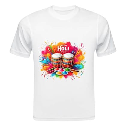 TERA MERA GIFT, Holi Printed T-Shirt, Happy Holi Festival T-Shirt, White Polyester, Reguler Fit, Round Neck, Short Sleeve, Unisex