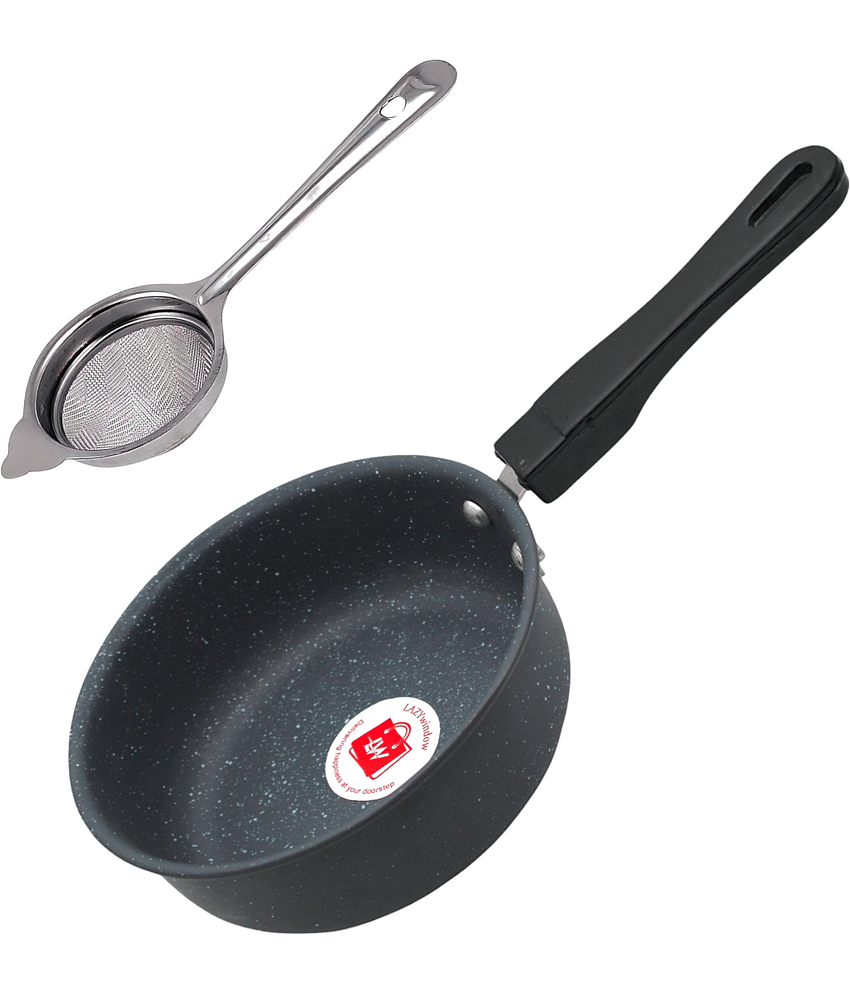 LAZYWINDOW Pan & Tea Stainer Grey Hard Anodised Non-Stick Cookware Sets ( Set of 1 )
