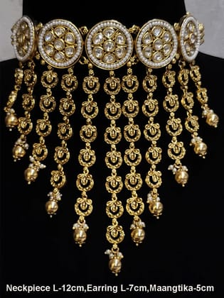 Round kundan tukdies with pirohi work long antique gold tassels set-White