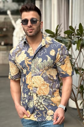Navy Floral Self Design Oversized Knitted Shirt - S