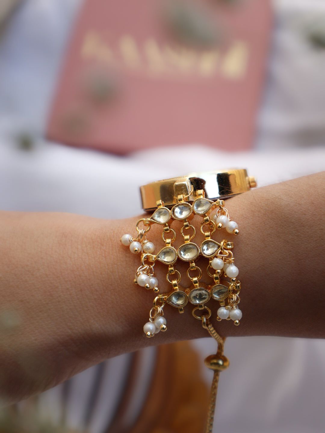 Bennet Kundan Pearls Wrist Watch-Gold
