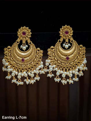 Flower top Chandbali design gold plated earrings with hanging pearly frill-Ruby