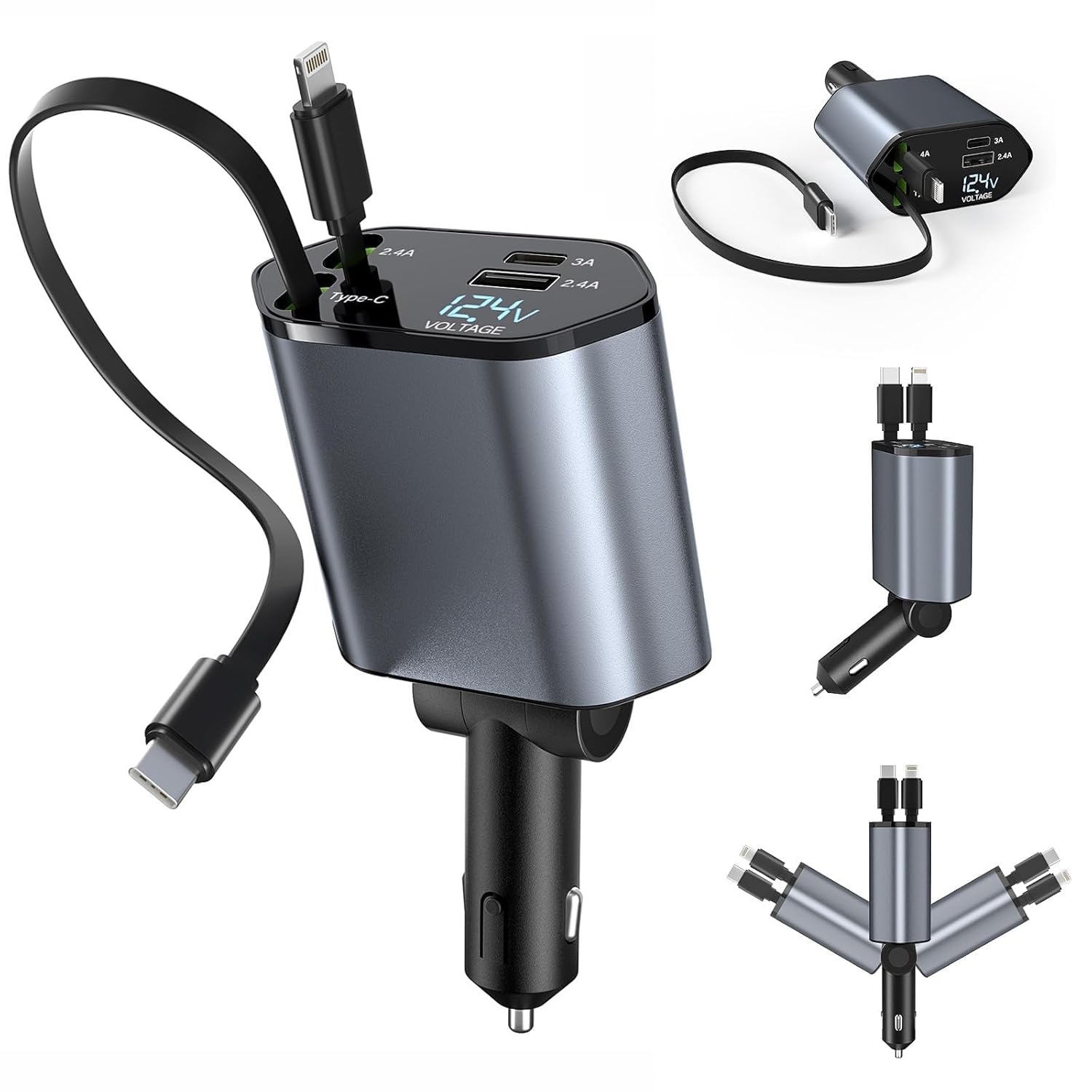 4 in 1 Car Charger 66W Dual USB Port with 31.5-Inch Retractable Cables Car Mobile Laptop Adapter for iPhone 16/15/14/13 etc, Samsung All Series, Tablets, & Android Smartphones