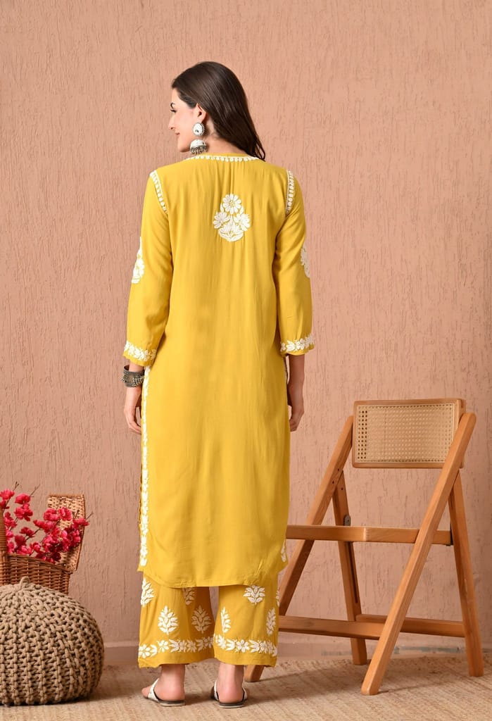 Hand Embroidered Chikankari Plazo Set with 3d Work-Mango yellow
