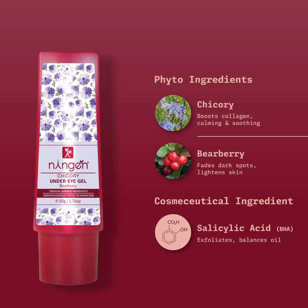 Ningen Chicory Under Eye Gel I Essence of Bearberry I Dermatologically Tested, Paraben Free I Reduce Puffiness, Dark Circles I 50g
