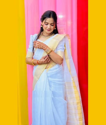 A TO Z CART Chanderi Woven Saree With Unstitched Blouse Piece ( White )