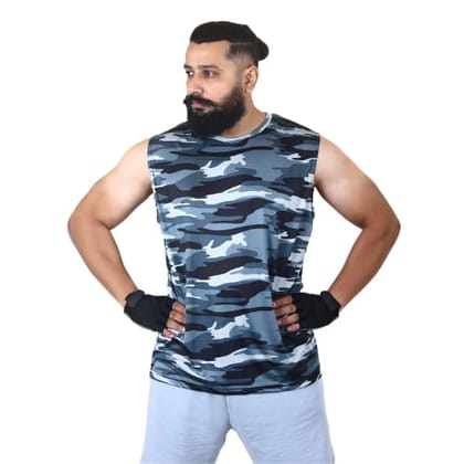 Men's Gym Sleeveless T-Shirt Camouflage Grey - Drifit, Quick Dry Sports Tank Top, Sando Vest