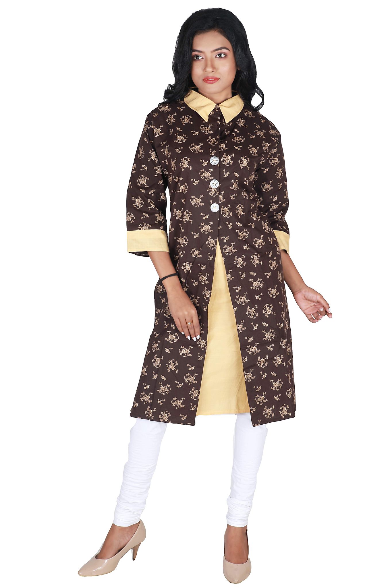 Women's Cotton Printed, Shirt Collar, Asymmetrical Cut, High Neck with Belt Kurta (Color:- Deep Brown)