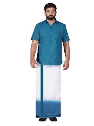 Peacock Green Two Tone Double Dhothie + Shirt Set Half Sleeve-38