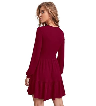 Women's Knitting Stretchable Solid Round Neck Full Sleeve Dresses (Maroon, S)-PID56785