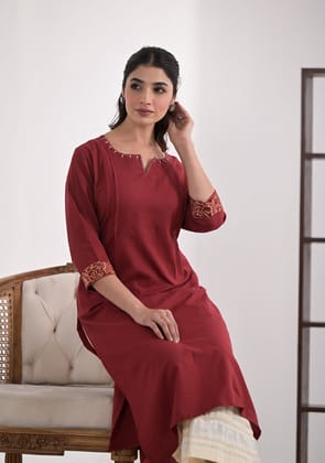 Rust Solid Cotton Kurta-S