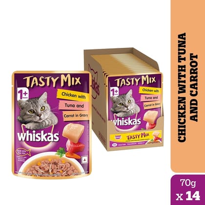 Whiskas Tasty Mix Chicken with Tuna and Carrot Adult (1+ Years) Wet Cat Food (70gx14)