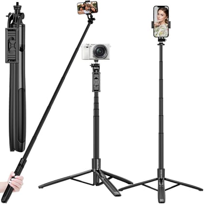 Mobilife Long Selfie Stick Tripod 61" Extended Bluetooth Remote Aluminum Mobile Tripod for iPhone Android Vlogging Live Streaming Travel 1/4" Screw for Camera Ring Light GoPro Black