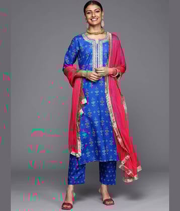 Varanga Silk Blend Printed Kurti With Pants Women's Stitched Salwar Suit - Blue ( Pack of 1 )