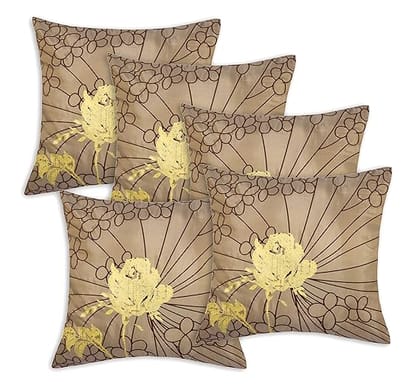 Koko Decorative Polyester Cushion Covers - Brown Flock & Pear Print, 16x16 Inches (40x40 cm) - Stylish Zipper Square Covers for Sofa, Chair, and Bed - Set of 5