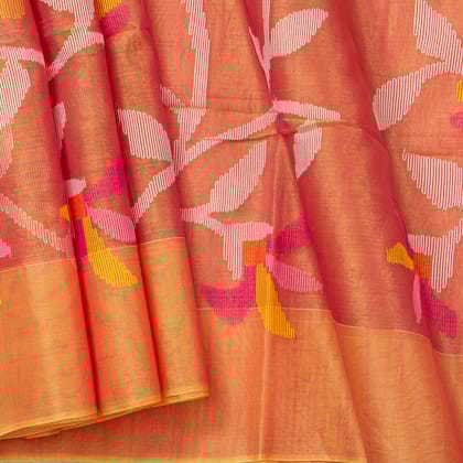 Peach And Mustard Dhakai Jamdhani Muslin Silk Saree With Tissue Zari PV MJ 92