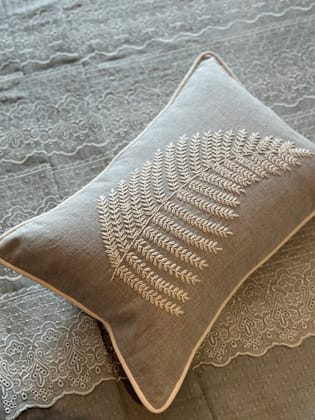 KRI India Bloom Pearl leaf Cushion Cover | Grey with ivory handwork  | 12x18 inches  | Wash & Care | 100% Cotton | Handcrafted in India. 100% organic & natural.