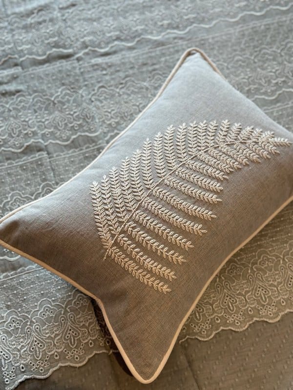 KRI India Bloom Pearl leaf Cushion Cover | Grey with ivory handwork  | 12x18 inches  | Wash & Care | 100% Cotton | Handcrafted in India. 100% organic & natural.