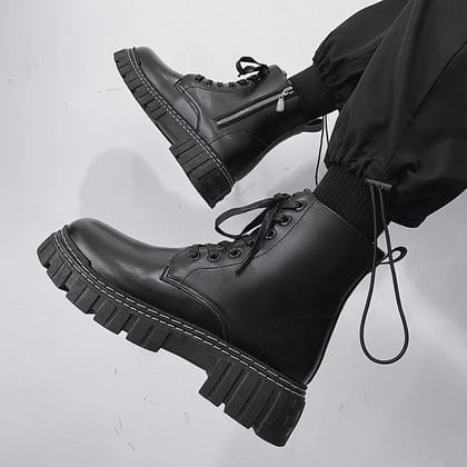 Men Leather Fashion Boots for Men Waterproof Lace Up Short Ankle Boots Men Outdoor Platform High Top Motorcycle Boots-Black / 7