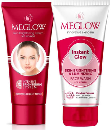 Meglow Skin Brightening Combo Pack for Women | Face Cream (50g) and Instant Glow Facewash (70g)