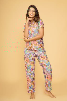 Colorful Flowers Half Sleeve Pyjama Set-S / Multicolor / Rayon Blend