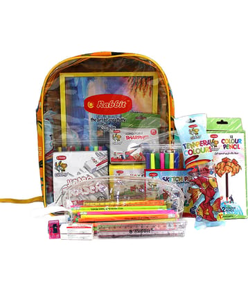 Rabbit Champions Stationery Kit – 50 Neon Rubber Tip Pencils, Jumbo Sharpener & Eraser, 5 Scales, Colour Pencils, Sketch Pens, Wax Crayons, Tempera Colours, Pouch, Bag & Drawing Book