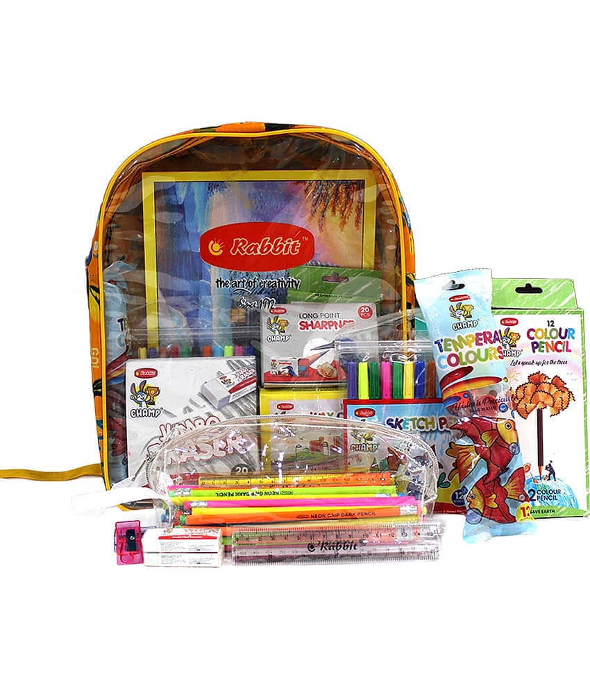 Rabbit Champions Stationery Kit – 50 Neon Rubber Tip Pencils, Jumbo Sharpener & Eraser, 5 Scales, Colour Pencils, Sketch Pens, Wax Crayons, Tempera Colours, Pouch, Bag & Drawing Book