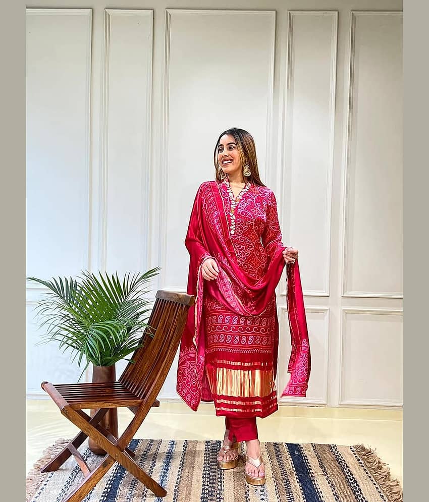 INDIAN SILKS Women Chanderi Silk Printed A-line Kurti With Pants ( Pink )