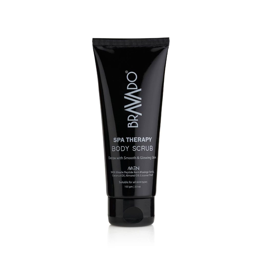 BRAVADO Spa Therapy Body Scrub for Men - Exfoliate, De-Tan & Condition Skin with Nourishing Ingredients | Blackhead Remover & De-Tan Solution | Face Cream, Face Cleanser, Skin Scrubber | 100g