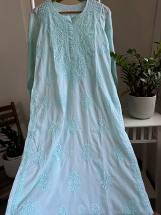Mul Cotton Cyan Green  Chikankari Kurti - Saaz Collection-Pale Pink / cotton / XL