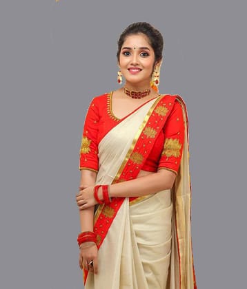 Bhuwal Fashion Silk Blend Embroidered Saree With Unstitched Blouse Piece ( Orange )