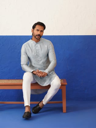 Grey Sequin Embroidered Ceremonial Kurta Set-XS/36 / Kurta Churidaar Set