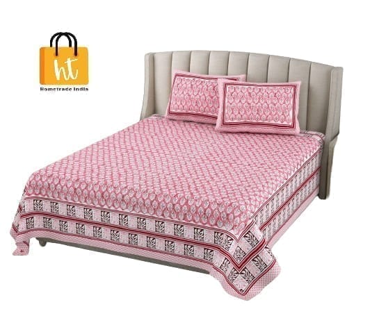 3001-Hometrade India-Standard King Size (90*108 Inches)-Pure Cotton Jaipuri Double Bedsheet With Matching Pillow Cover