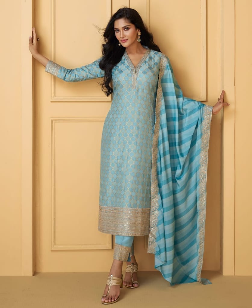 Trending Festival Wear Straight Suit For Women Sky Blue