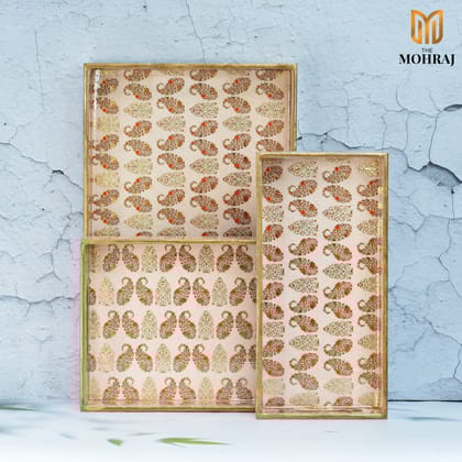 The Mohraj Exquisite Multicolor Rectangular MDF Trays with Gold Foil Finish Set of 3  