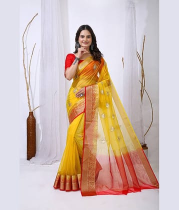 Rangtulika Ethnics Organza Solid Banarasi saree With Unstitched Blouse Piece ( Yellow )