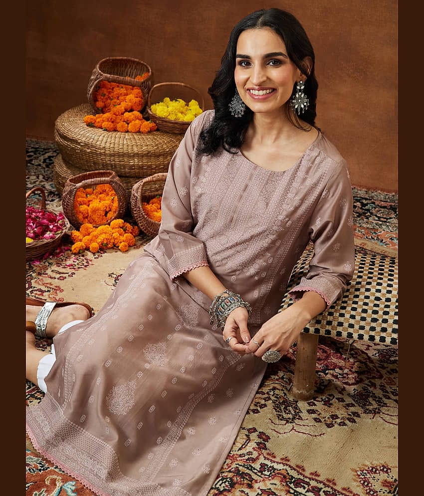 Janasya Women Silk Blend Printed Straight Kurti ( Brown )